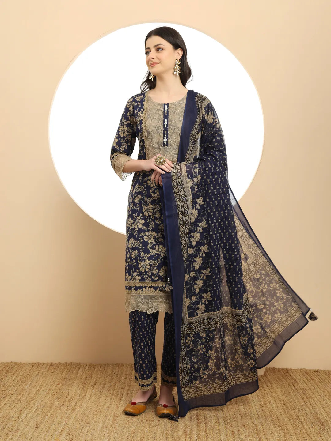 Yufta Cotton Navy Blue Kurta Dupatta Set With Lace Detailing | Grocsy
