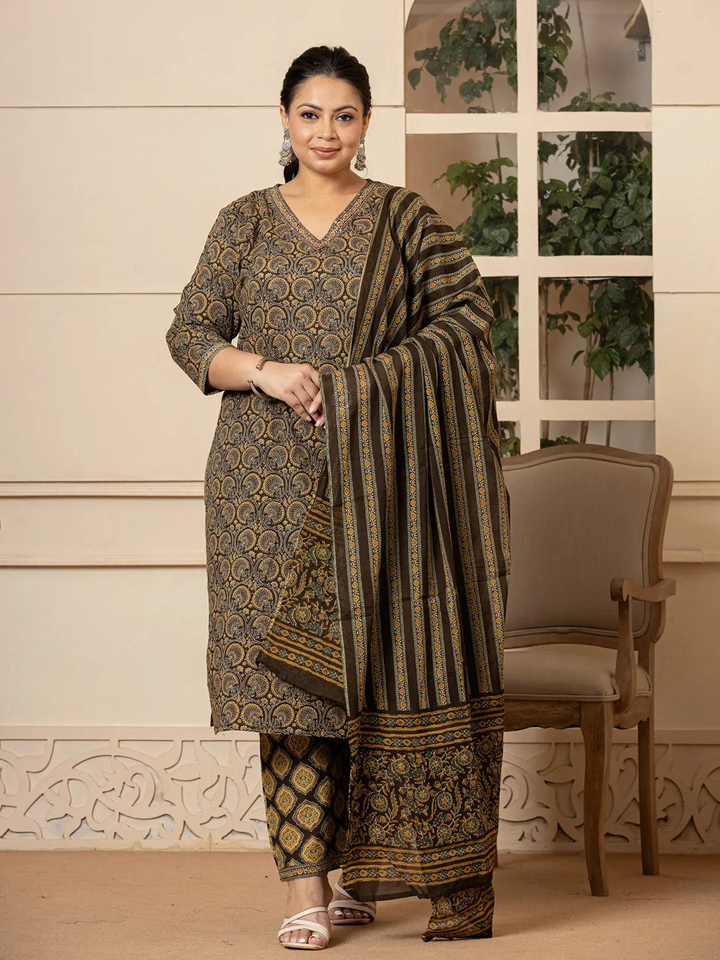 Yufta Cotton Olive Ethnic Motifs Plus Size Kurta Dupatta Pant Set | Grocsy