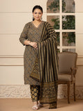 Yufta Cotton Olive Ethnic Motifs Plus Size Kurta Dupatta Pant Set | Grocsy