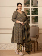 Yufta Cotton Olive Ethnic Motifs Plus Size Kurta Dupatta Pant Set | Grocsy
