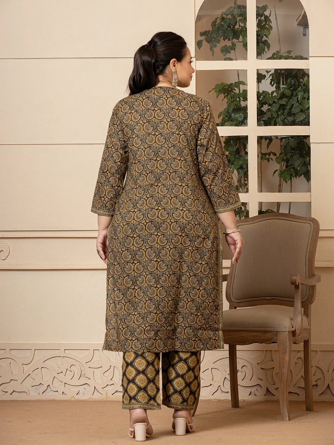 Yufta Cotton Olive Ethnic Motifs Plus Size Kurta Dupatta Pant Set | Grocsy