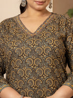 Yufta Cotton Olive Ethnic Motifs Plus Size Kurta Dupatta Pant Set | Grocsy