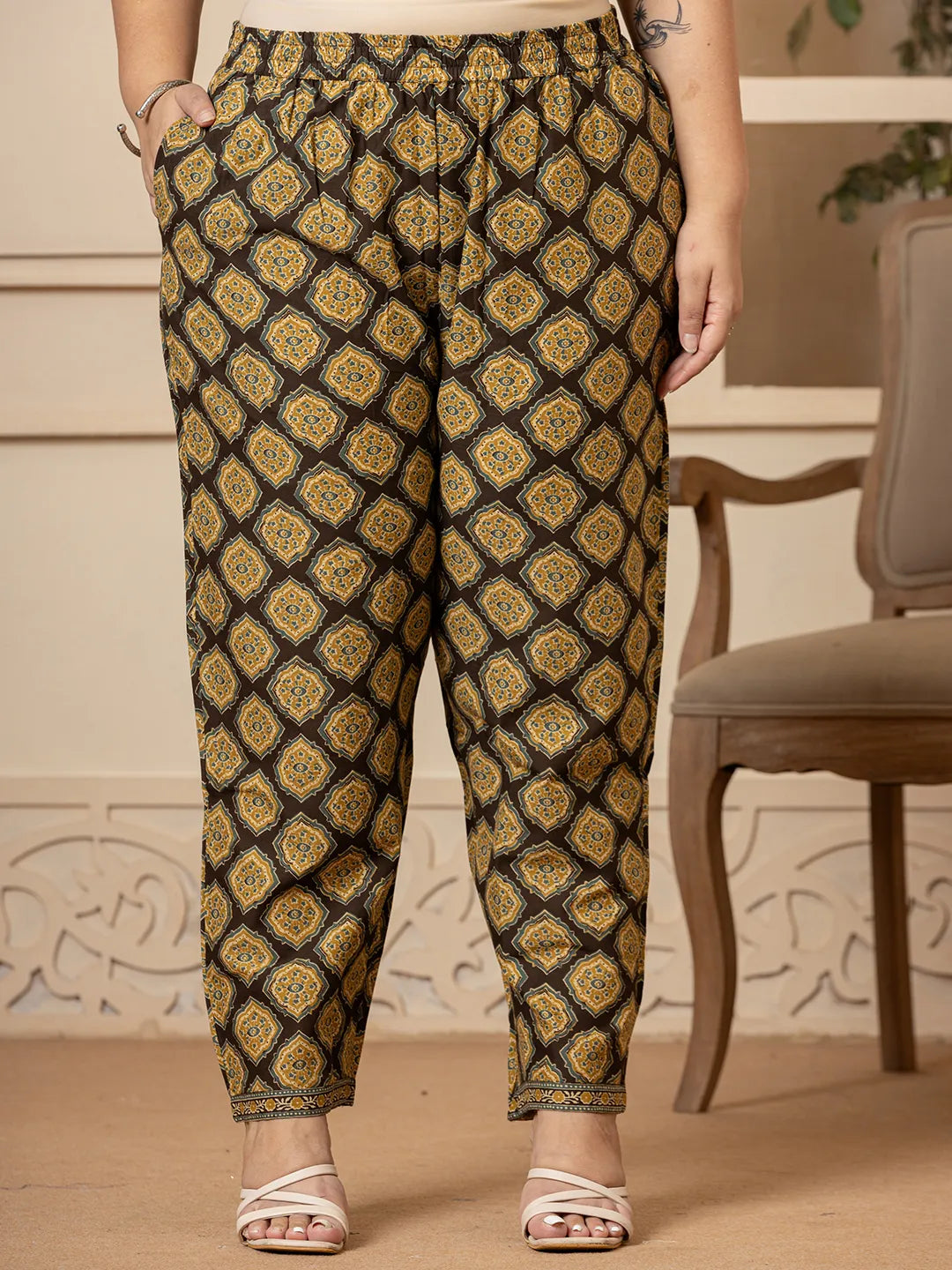 Yufta Cotton Olive Ethnic Motifs Plus Size Kurta Dupatta Pant Set | Grocsy