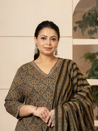 Yufta Cotton Olive Ethnic Motifs Plus Size Kurta Dupatta Pant Set | Grocsy