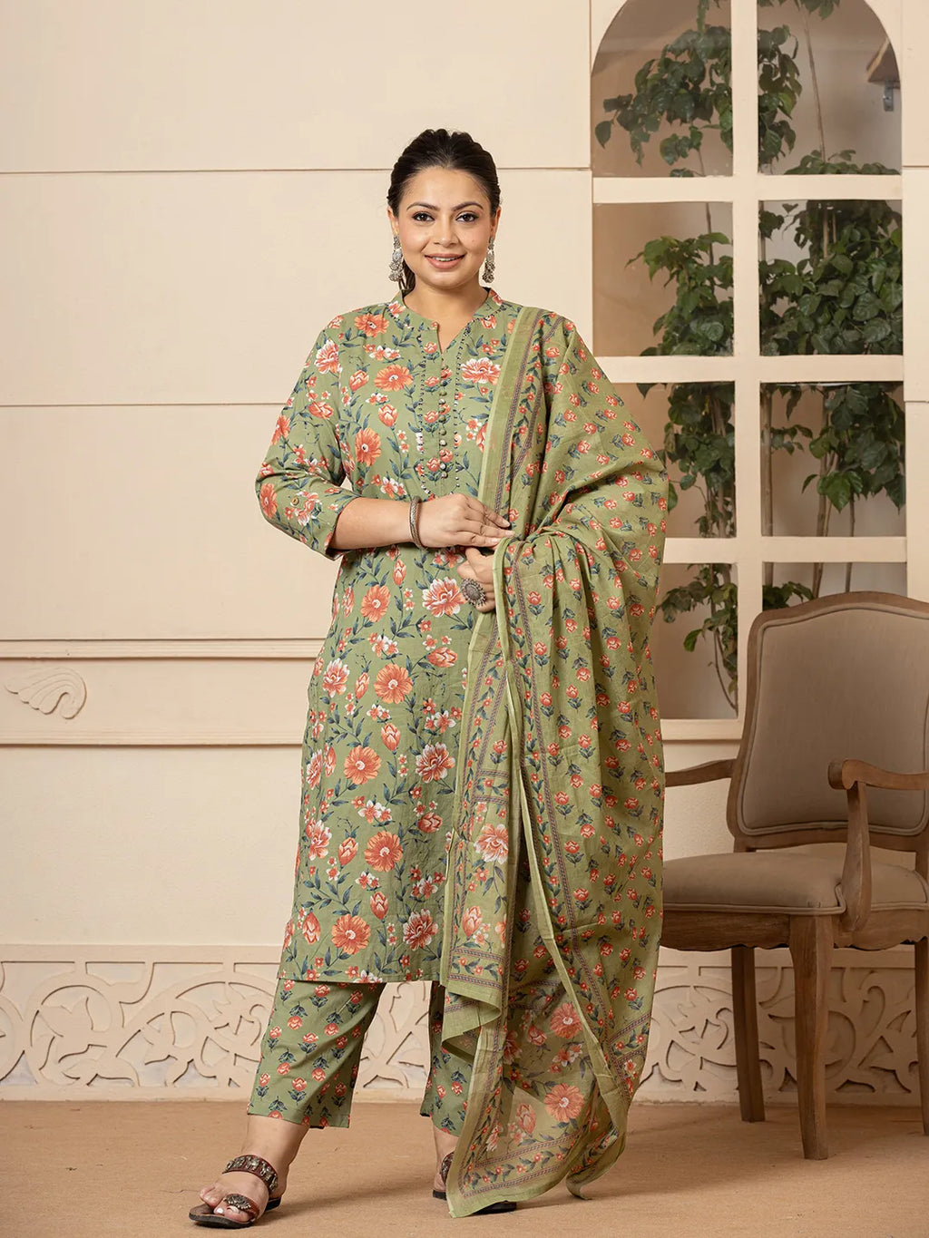 Yufta Cotton Olive Floral Print Plus Size Kurta Dupatta Pant Set | Grocsy