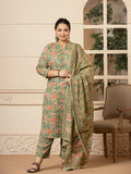 Yufta Cotton Olive Floral Print Plus Size Kurta Dupatta Pant Set | Grocsy