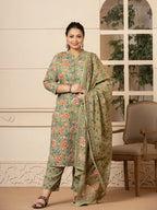 Yufta Cotton Olive Floral Print Plus Size Kurta Dupatta Pant Set | Grocsy