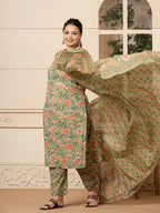Yufta Cotton Olive Floral Print Plus Size Kurta Dupatta Pant Set | Grocsy