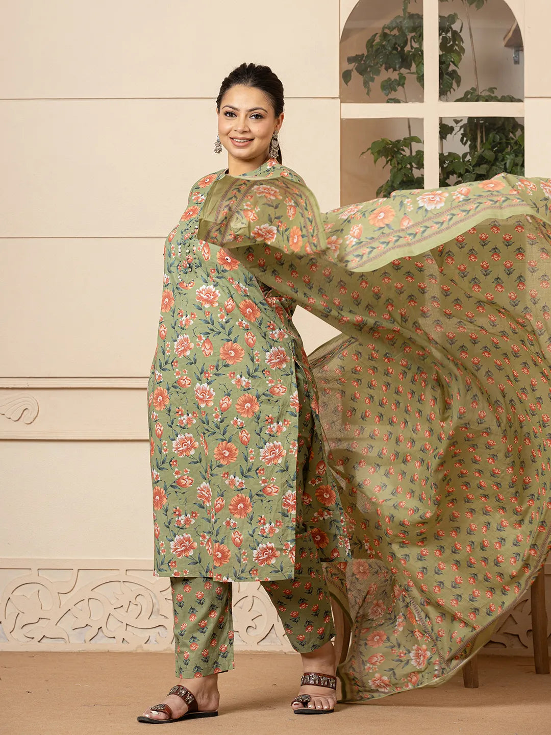 Yufta Cotton Olive Floral Print Plus Size Kurta Dupatta Pant Set | Grocsy