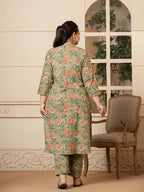 Yufta Cotton Olive Floral Print Plus Size Kurta Dupatta Pant Set | Grocsy