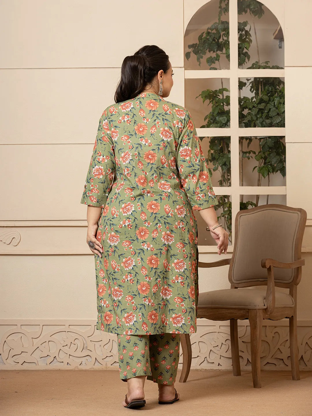 Yufta Cotton Olive Floral Print Plus Size Kurta Dupatta Pant Set | Grocsy