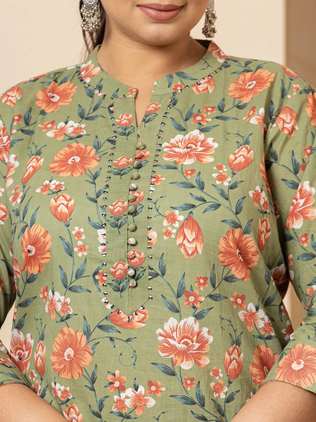 Yufta Cotton Olive Floral Print Plus Size Kurta Dupatta Pant Set | Grocsy