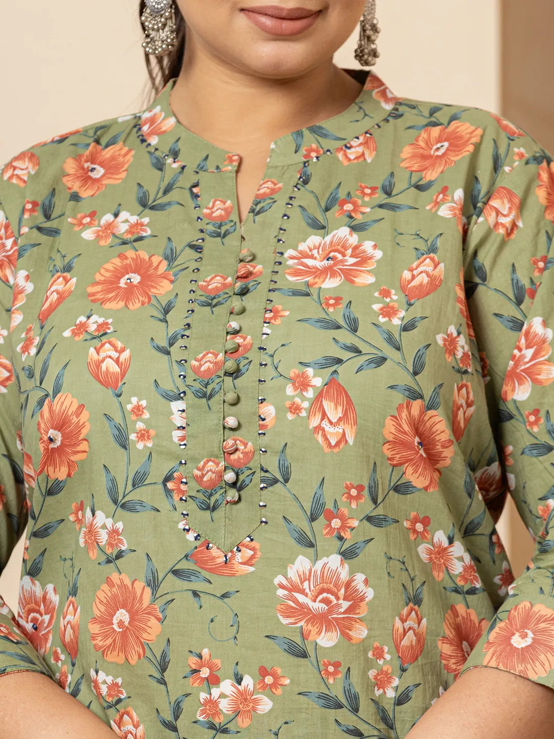 Yufta Cotton Olive Floral Print Plus Size Kurta Dupatta Pant Set | Grocsy
