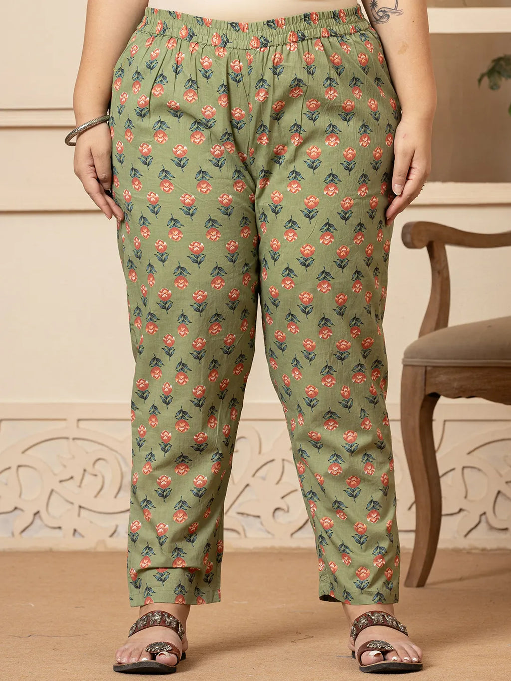 Yufta Cotton Olive Floral Print Plus Size Kurta Dupatta Pant Set | Grocsy