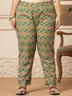 Yufta Cotton Olive Floral Print Plus Size Kurta Dupatta Pant Set | Grocsy