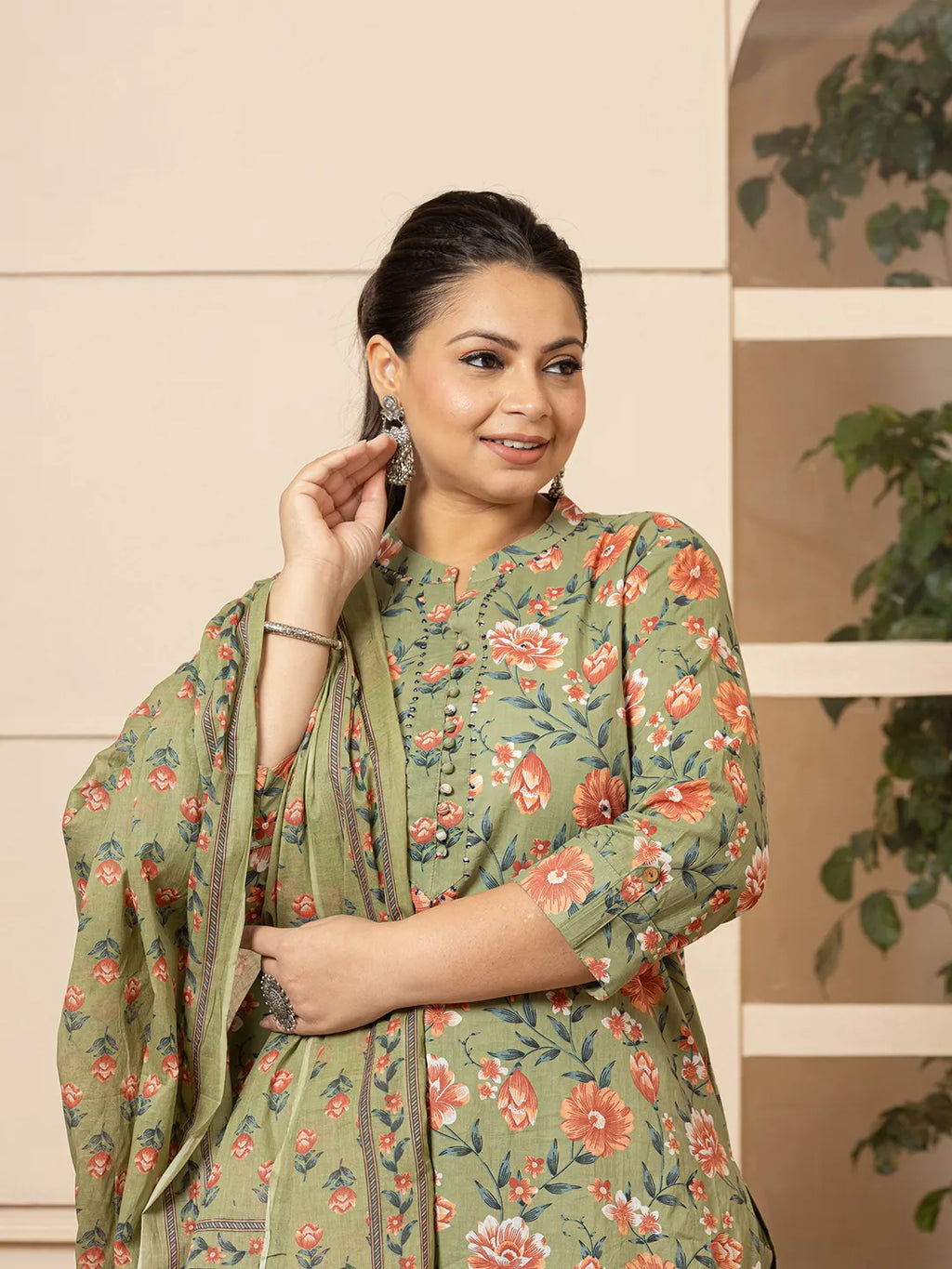 Yufta Cotton Olive Floral Print Plus Size Kurta Dupatta Pant Set | Grocsy