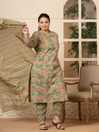 Yufta Cotton Olive Floral Print Plus Size Kurta Dupatta Pant Set | Grocsy