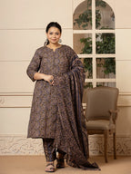 Yufta Cotton Olive Paisley Print Plus Size Kurta Dupatta Set | Grocsy