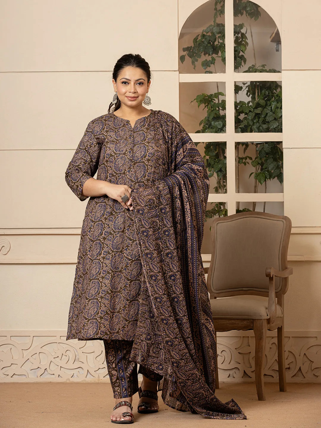 Yufta Cotton Olive Paisley Print Plus Size Kurta Dupatta Set | Grocsy
