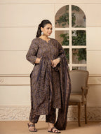 Yufta Cotton Olive Paisley Print Plus Size Kurta Dupatta Set | Grocsy