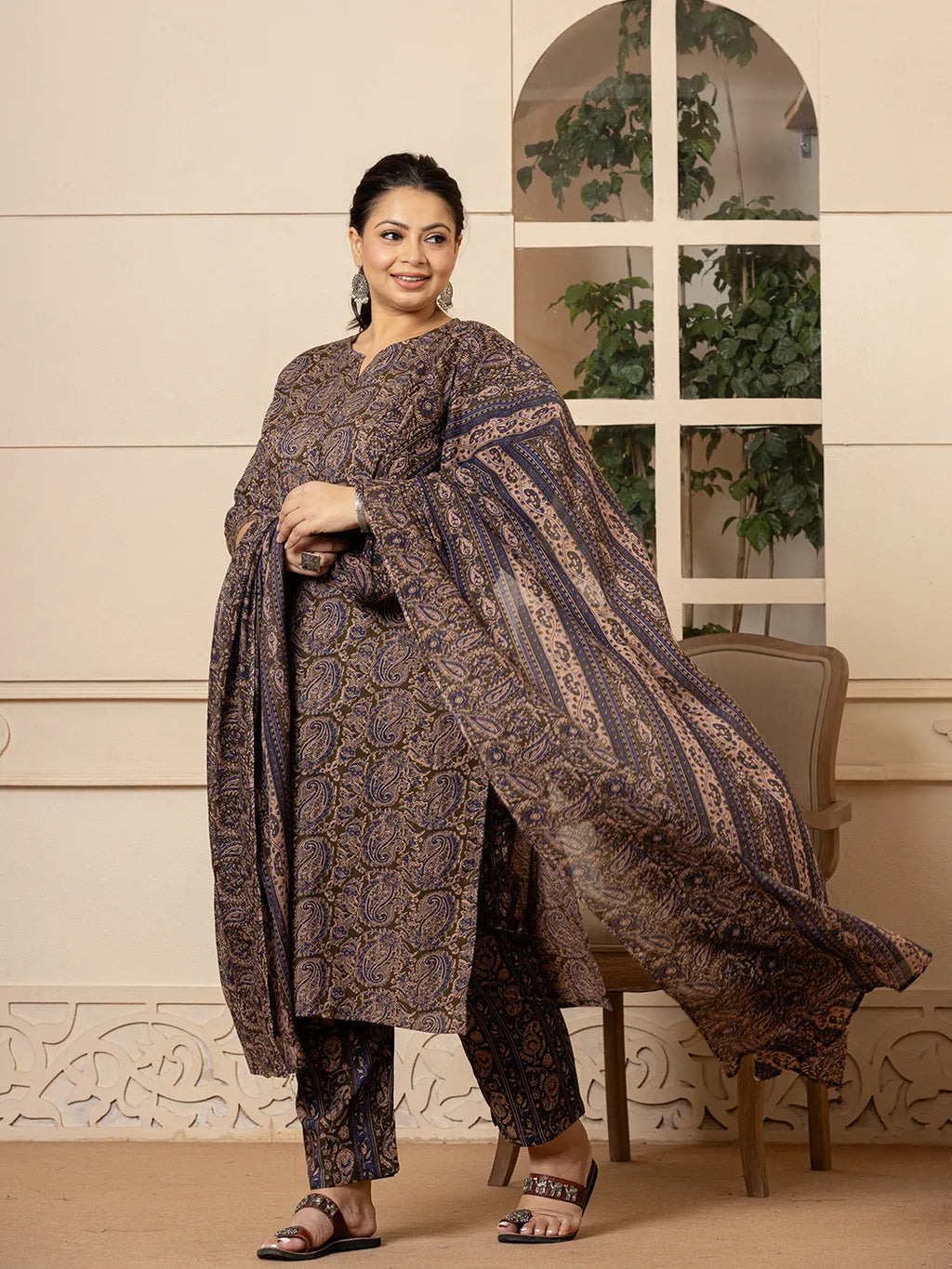 Yufta Cotton Olive Paisley Print Plus Size Kurta Dupatta Set | Grocsy
