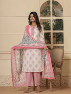 Yufta Cotton Pink And White Kurta Dupatta Set | Grocsy