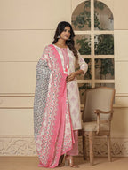 Yufta Cotton Pink And White Kurta Dupatta Set | Grocsy