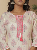 Yufta Cotton Pink And White Kurta Dupatta Set | Grocsy