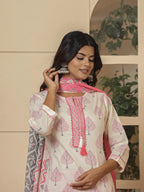 Yufta Cotton Pink And White Kurta Dupatta Set | Grocsy