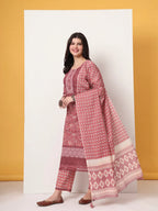 Yufta Cotton Pink Kurta Dupatta Set With Lace Detailing | Grocsy
