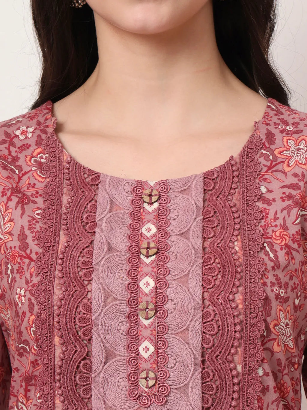 Yufta Cotton Pink Kurta Dupatta Set With Lace Detailing | Grocsy