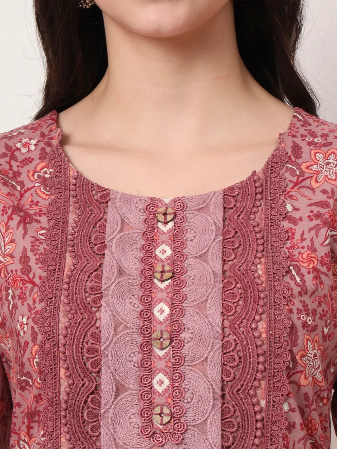 Yufta Cotton Pink Kurta Dupatta Set With Lace Detailing | Grocsy