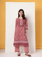 Yufta Cotton Pink Kurta Dupatta Set With Lace Detailing | Grocsy