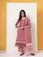 Yufta Cotton Pink Kurta Dupatta Set With Lace Detailing | Grocsy