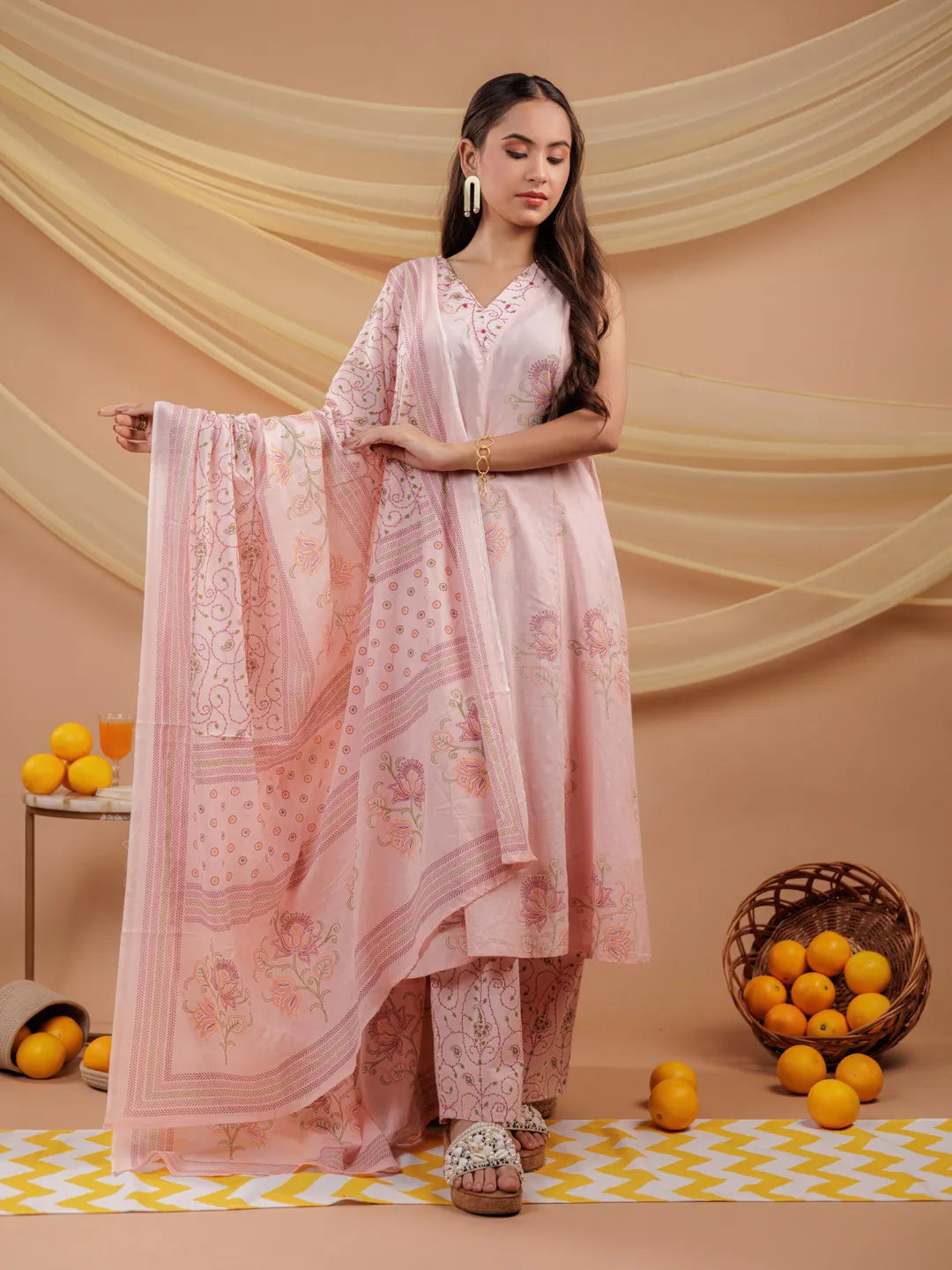 Yufta Cotton Pink Sleeveless Kurta Dupatta Set | Grocsy