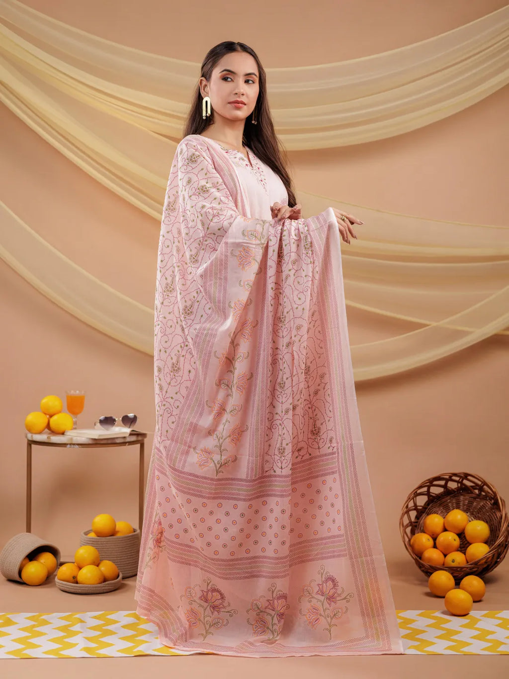 Yufta Cotton Pink Sleeveless Kurta Dupatta Set | Grocsy