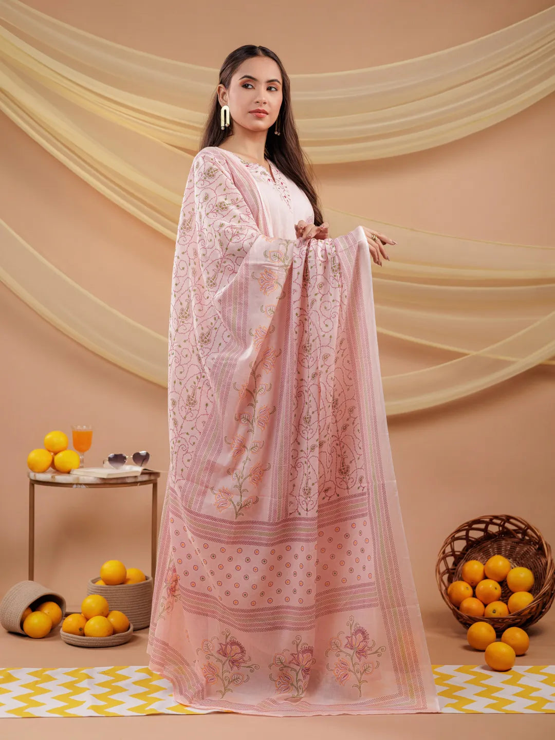 Yufta Cotton Pink Sleeveless Kurta Dupatta Set | Grocsy