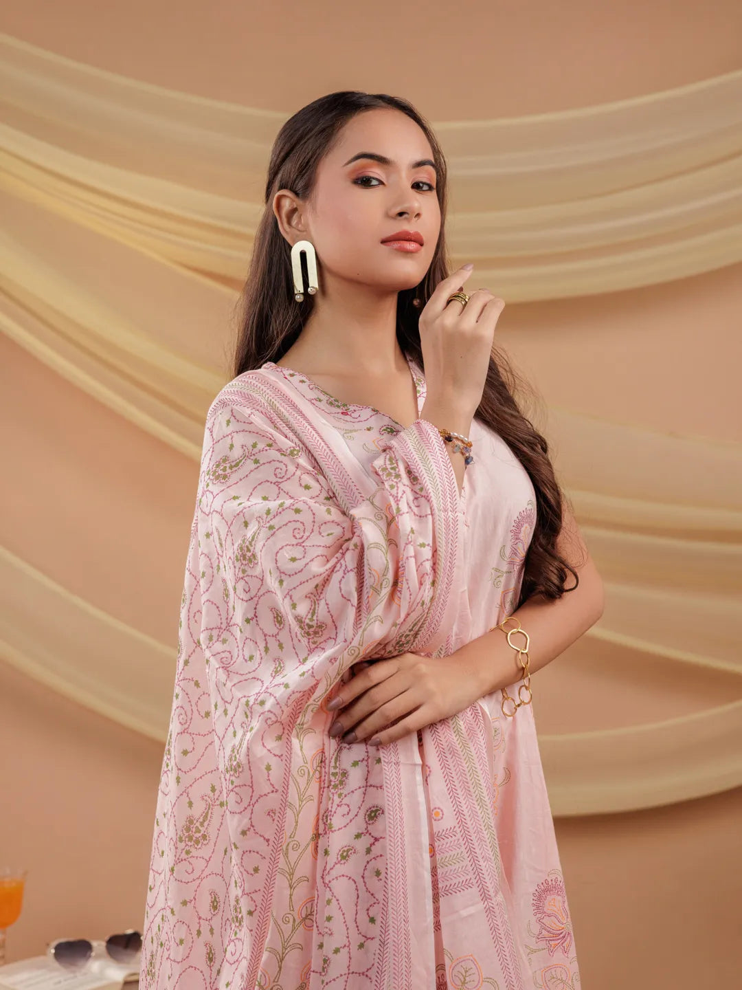 Yufta Cotton Pink Sleeveless Kurta Dupatta Set | Grocsy