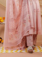 Yufta Cotton Pink Sleeveless Kurta Dupatta Set | Grocsy