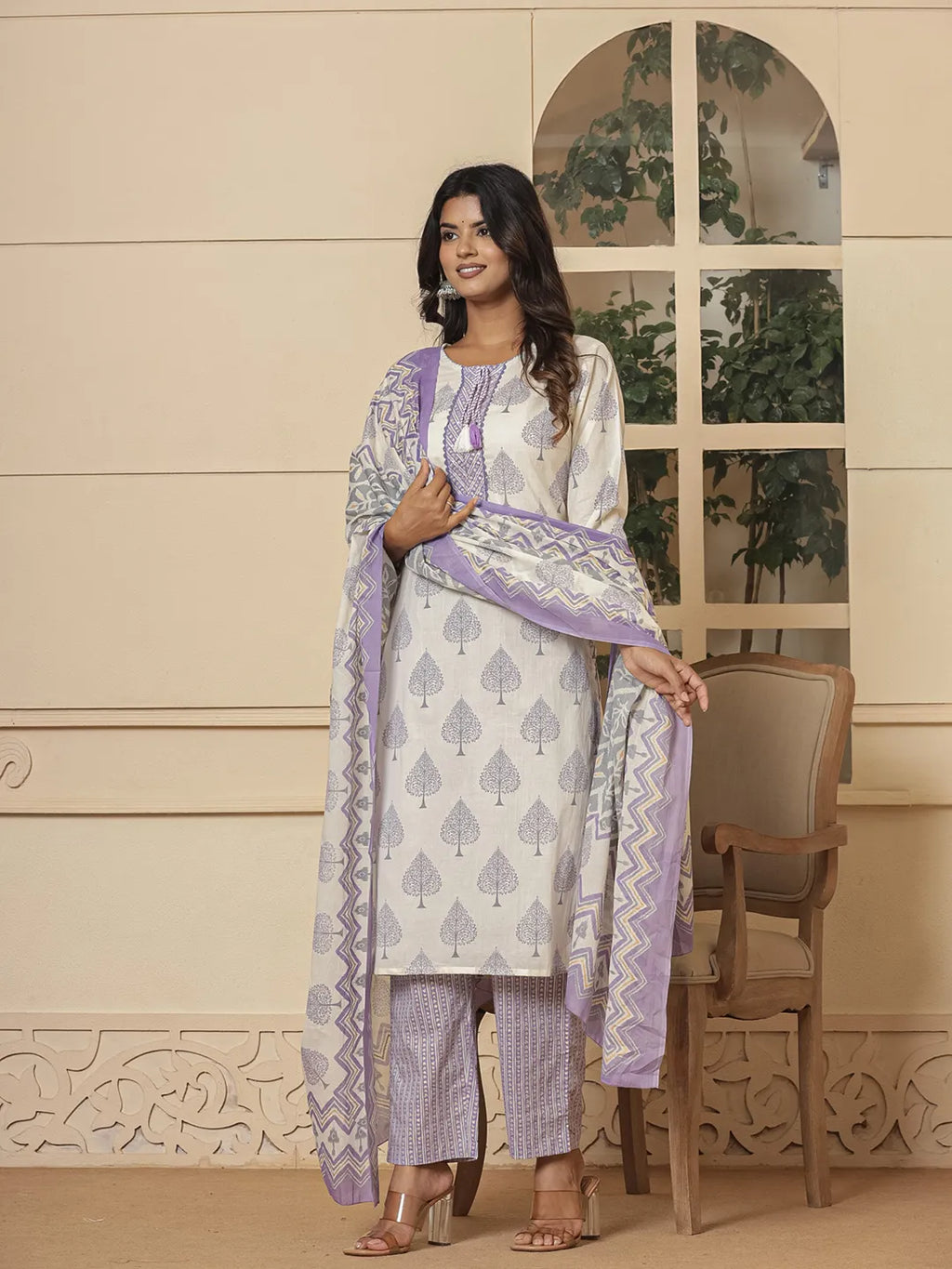 Yufta Cotton Purple And White Kurta Dupatta Set | Grocsy