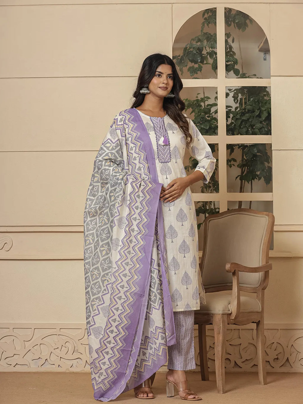 Yufta Cotton Purple And White Kurta Dupatta Set | Grocsy