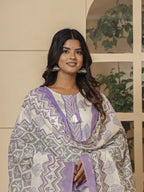 Yufta Cotton Purple And White Kurta Dupatta Set | Grocsy