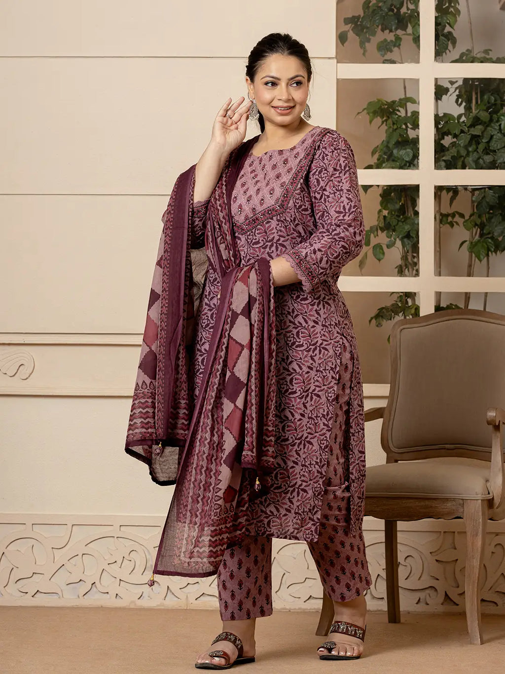 Yufta Cotton Purple Kantha_Work Plus Size Kurta Dupatta Pant Set | Grocsy