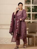 Yufta Cotton Purple Kantha_Work Plus Size Kurta Dupatta Pant Set | Grocsy