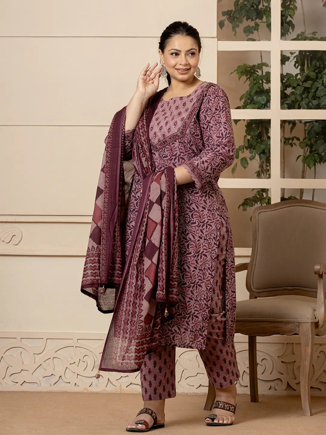 Yufta Cotton Purple Kantha_Work Plus Size Kurta Dupatta Pant Set | Grocsy