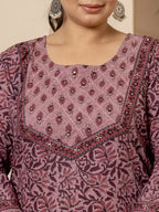 Yufta Cotton Purple Kantha_Work Plus Size Kurta Dupatta Pant Set | Grocsy