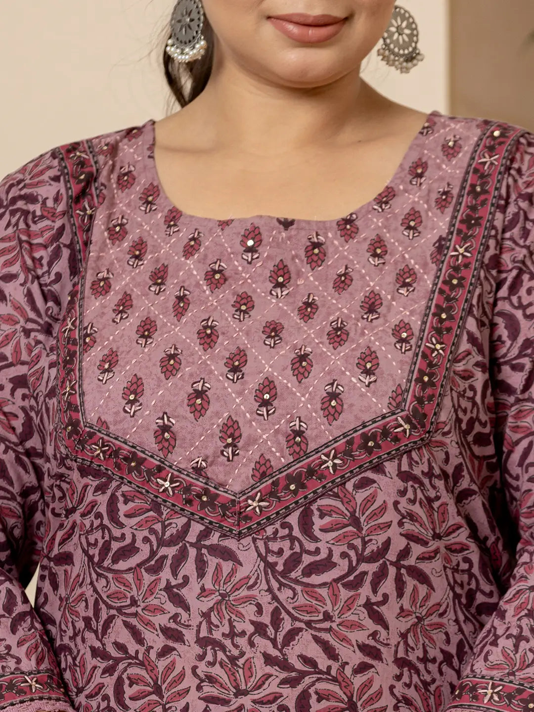 Yufta Cotton Purple Kantha_Work Plus Size Kurta Dupatta Pant Set | Grocsy