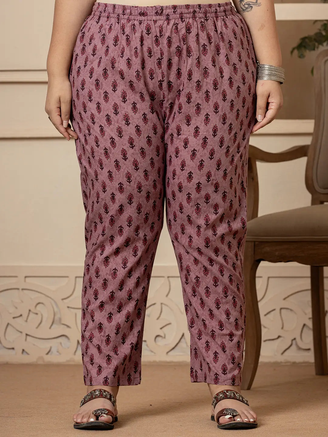 Yufta Cotton Purple Kantha_Work Plus Size Kurta Dupatta Pant Set | Grocsy