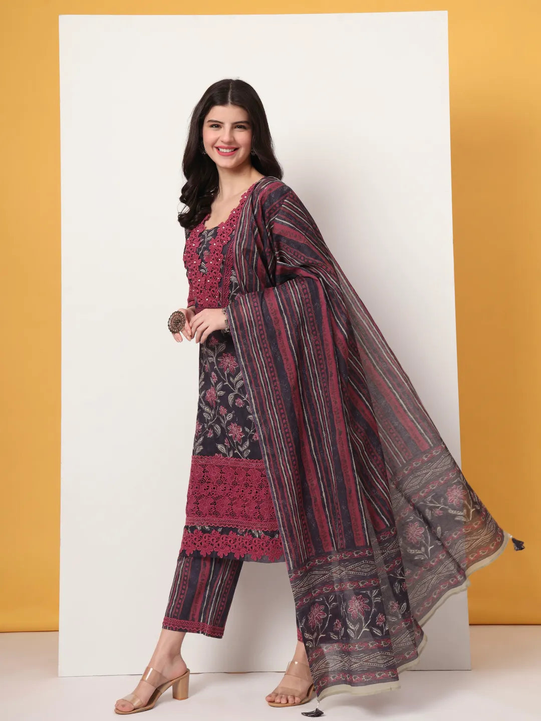 Yufta Cotton Purple Kurta Dupatta Set With Lace Detailing | Grocsy