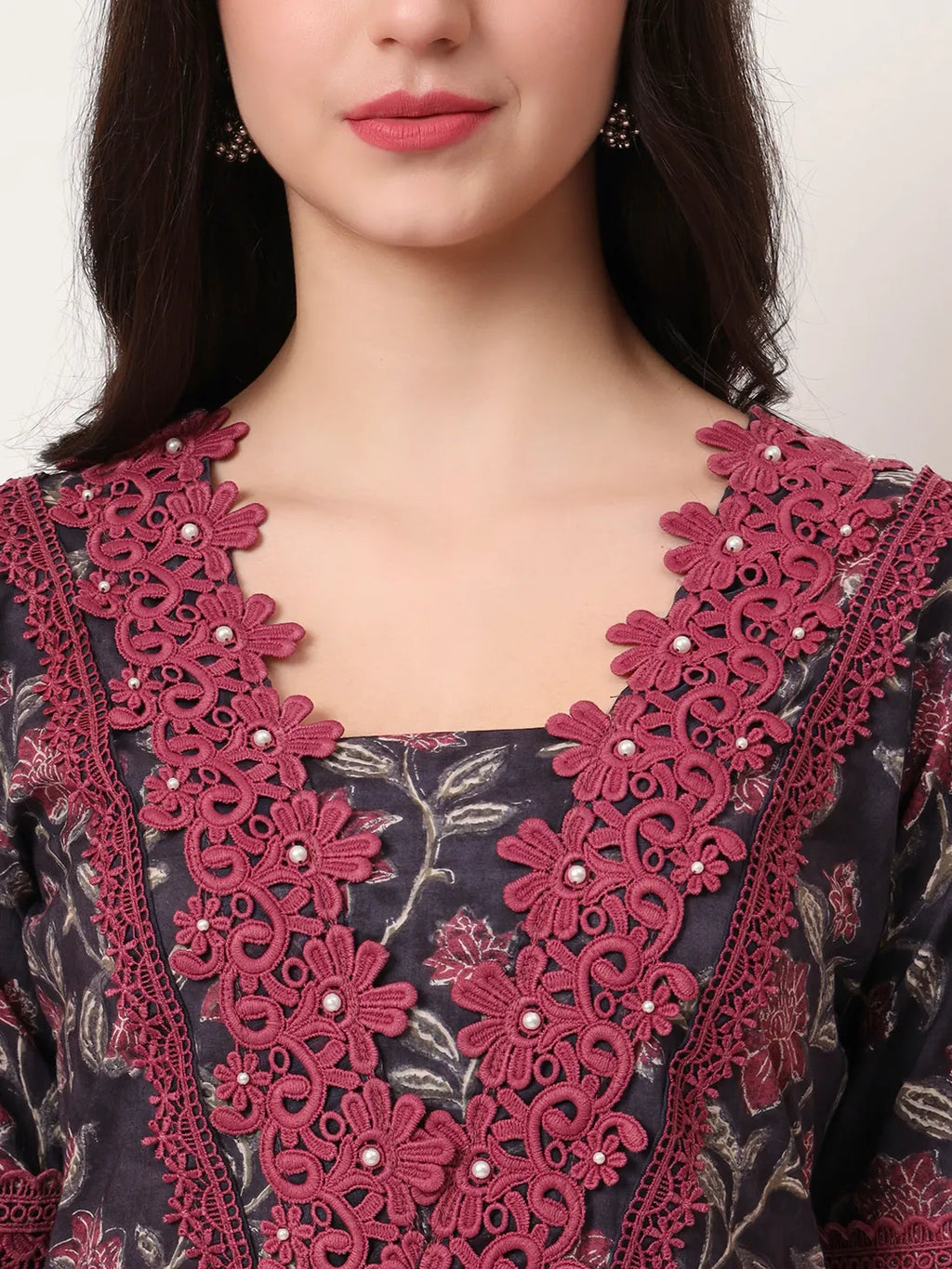 Yufta Cotton Purple Kurta Dupatta Set With Lace Detailing | Grocsy